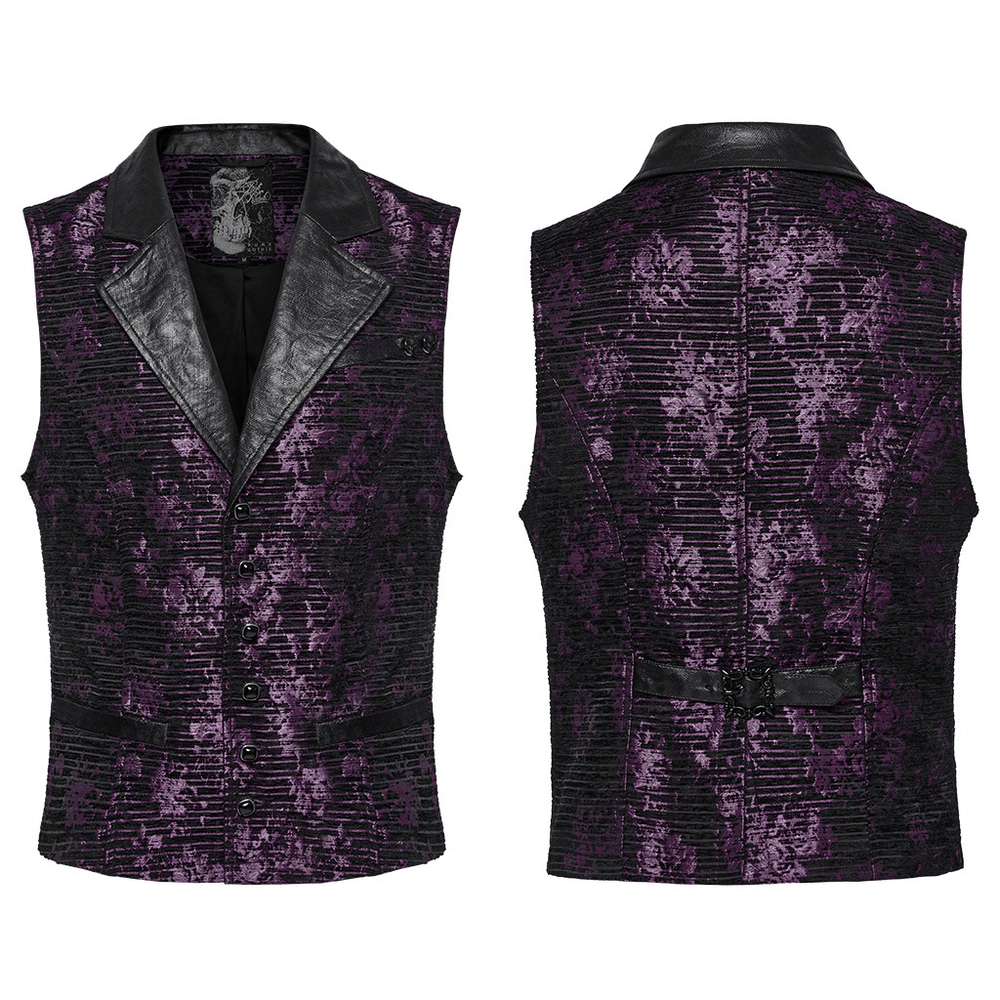 Goth Jacquard waistcoat with leather details and purple floral pattern, featuring a sleek flip collar and 3D gemstone buckle.