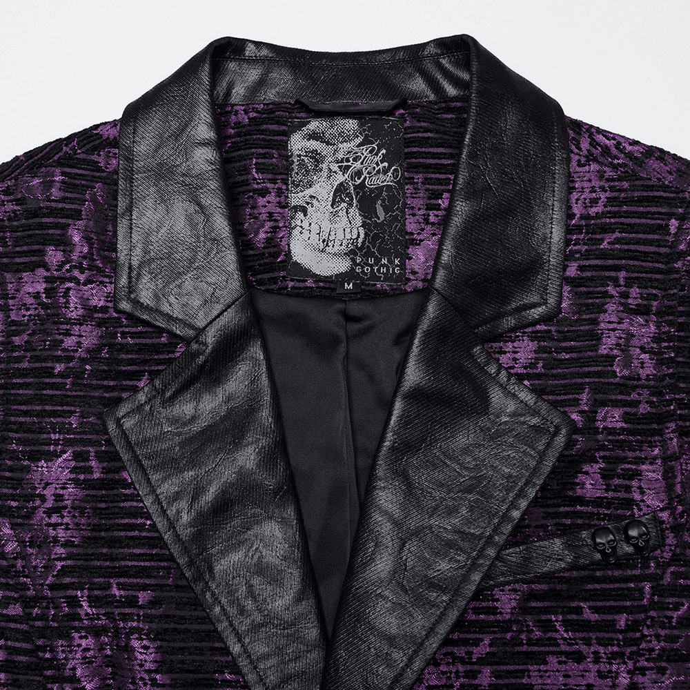 Close-up of Gothic jacquard waistcoat with leather collar and skull embellishment in purple and black.