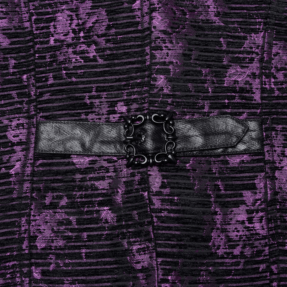 Close-up of a Gothic jacquard waistcoat featuring a textured black belt and a striking gemstone buckle.