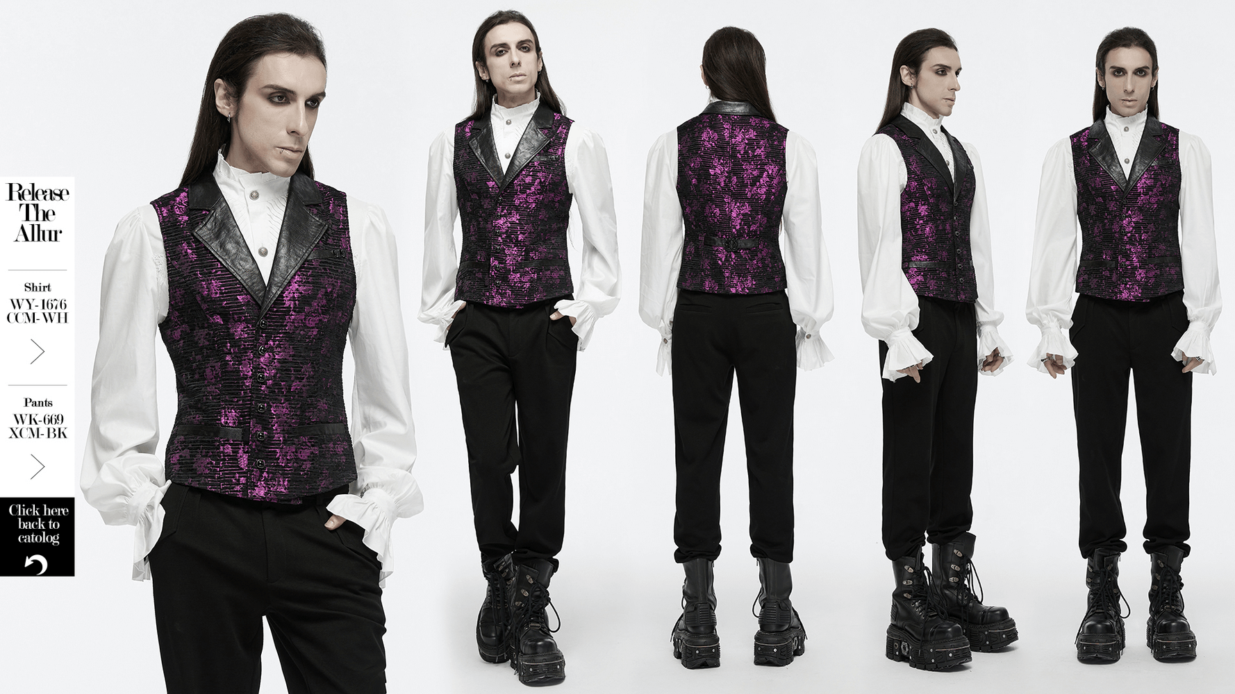 Gothic jacquard waistcoat with leather details, gemstone buckle, and skull accents, modeled with tailored fit and edgy style.