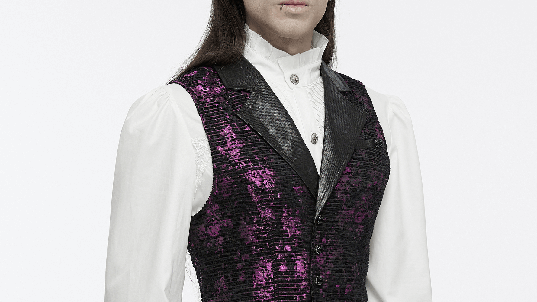 Goth style jacquard waistcoat with leather details and purple accents, paired with a classic white shirt.