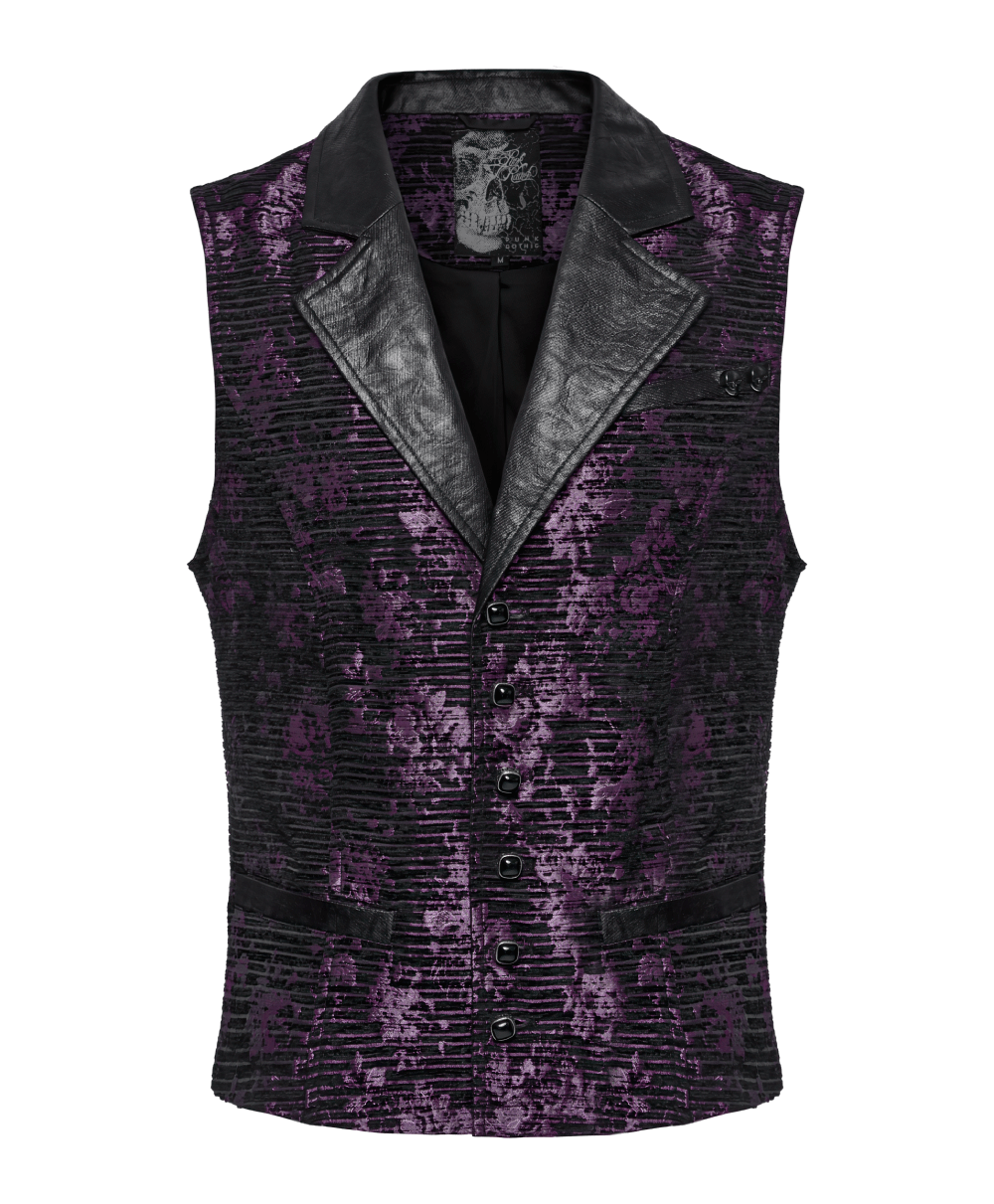 Goth Jacquard waistcoat with leather details and gemstone buckle in purple, featuring skull accents and elegant flip collar.