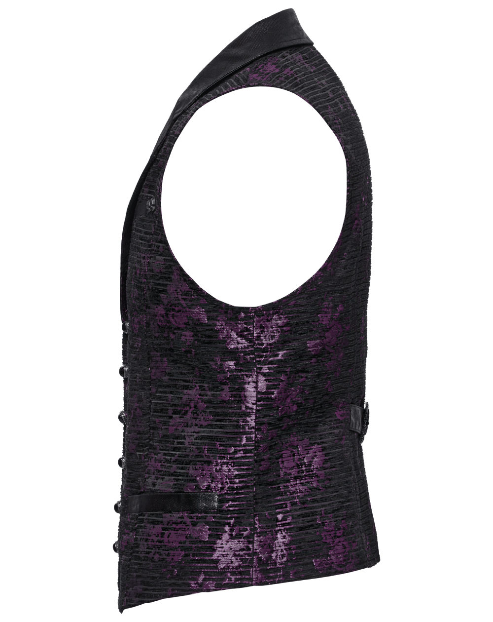 Gothic jacquard waistcoat with leather details, showcasing a unique purple design and stylish tailored fit.