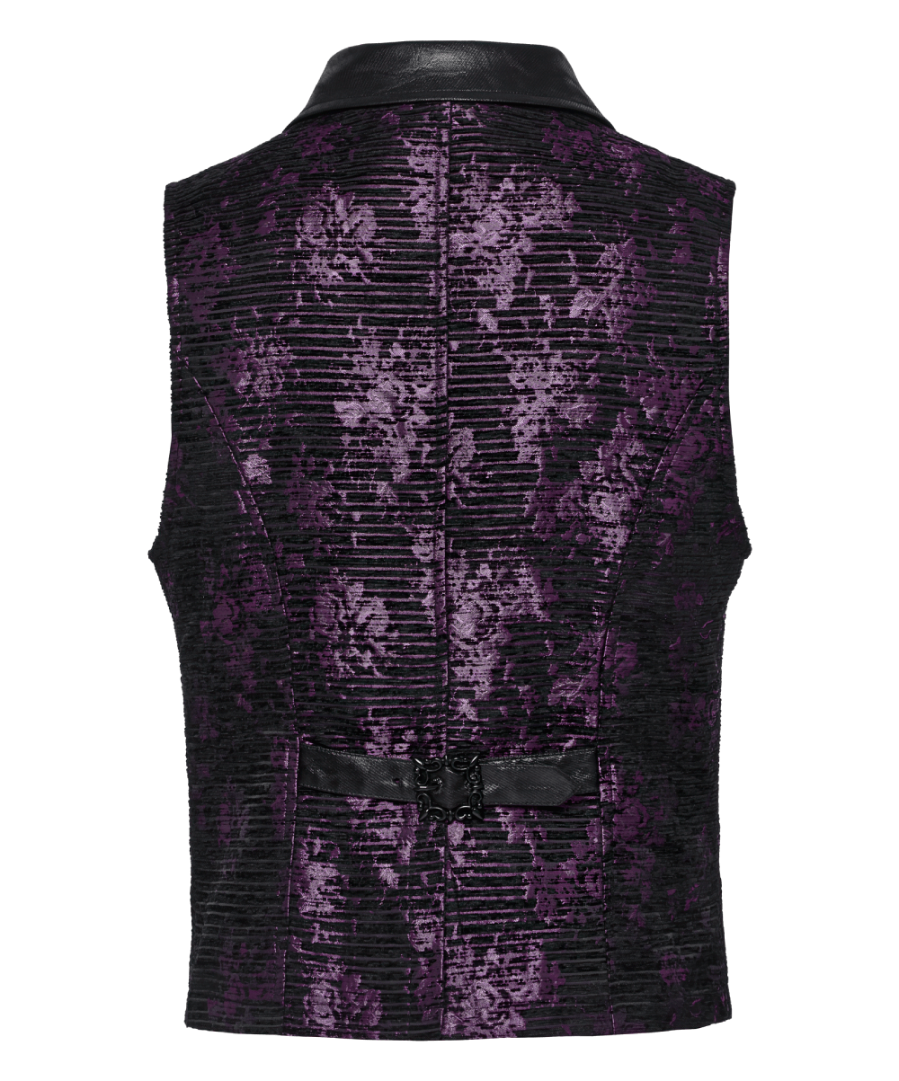 Back view of Goth jacquard waistcoat with purple floral pattern and leather details, showcasing unique Gothic design.