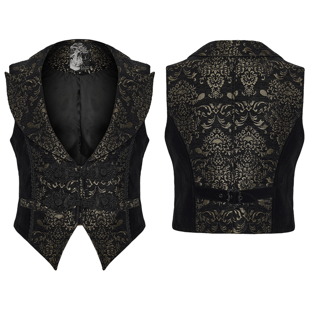 Jacquard Waistcoat with Vintage Buttons and Lace Details featuring intricate jacquard pattern and lace webbing.