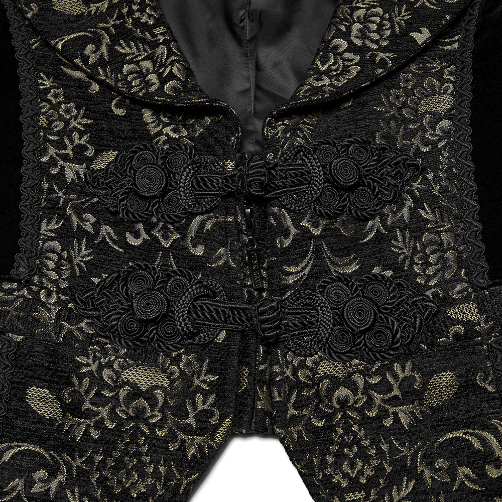 Jacquard Waistcoat with Vintage Buttons and Lace Details showcasing intricate design and elegant lace webbing.
