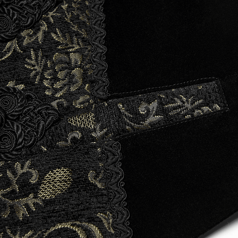 Close-up of the jacquard waistcoat with vintage buttons and lace details featuring intricate patterns.
