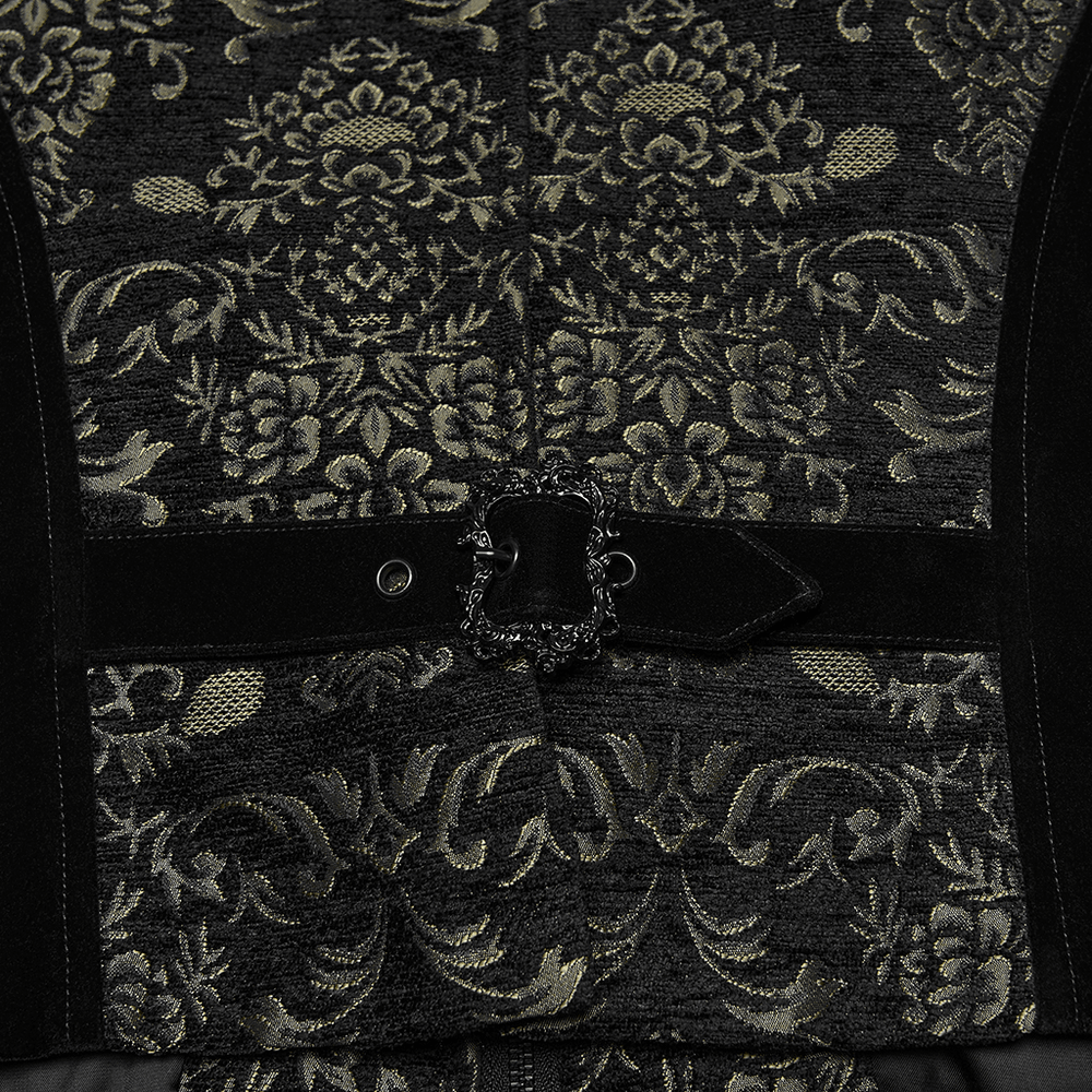 Jacquard Waistcoat with Vintage Buttons and Lace Details showing intricate palace pattern and buckle detail.
