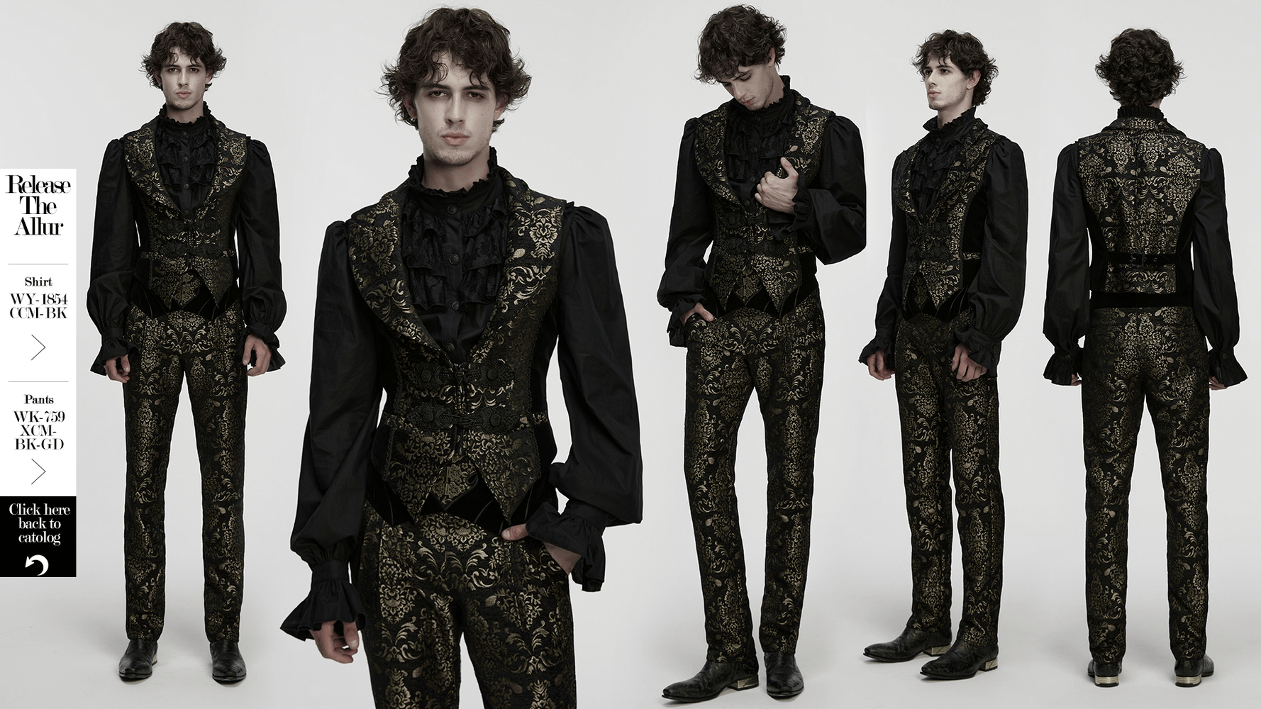 Jacquard Waistcoat with Vintage Buttons and Lace Details showcased in a stylish medieval-inspired outfit.