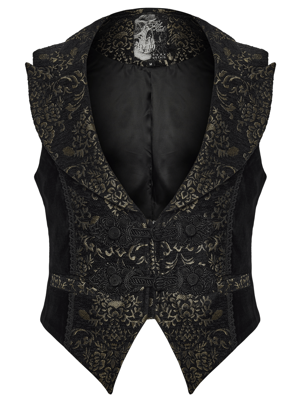 Jacquard Waistcoat with Vintage Buttons and Lace Details featuring intricate palace pattern and large curved lapels.