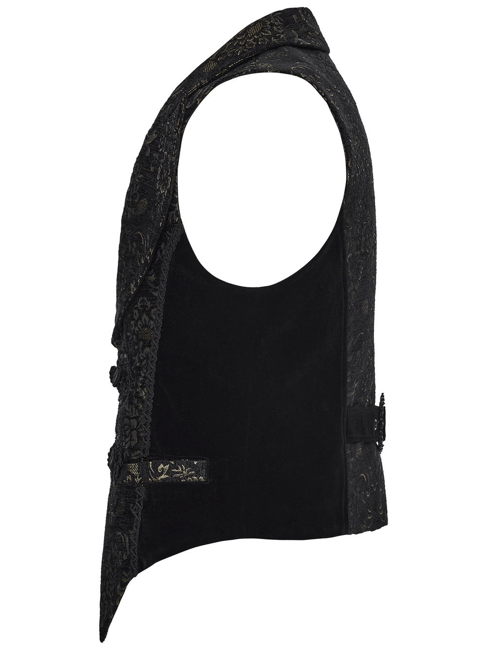 Jacquard Waistcoat with Vintage Buttons and Lace Details showcasing intricate patterns and elegant design.