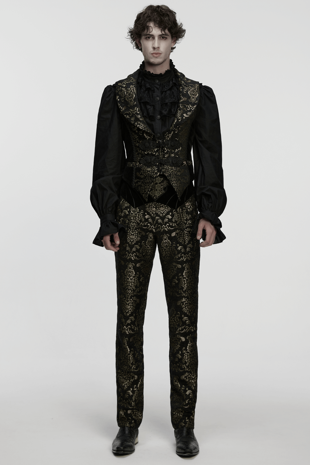 Jacquard Waistcoat with Vintage Buttons and Lace Details worn by a model, showcasing intricate patterns and elegant silhouette.