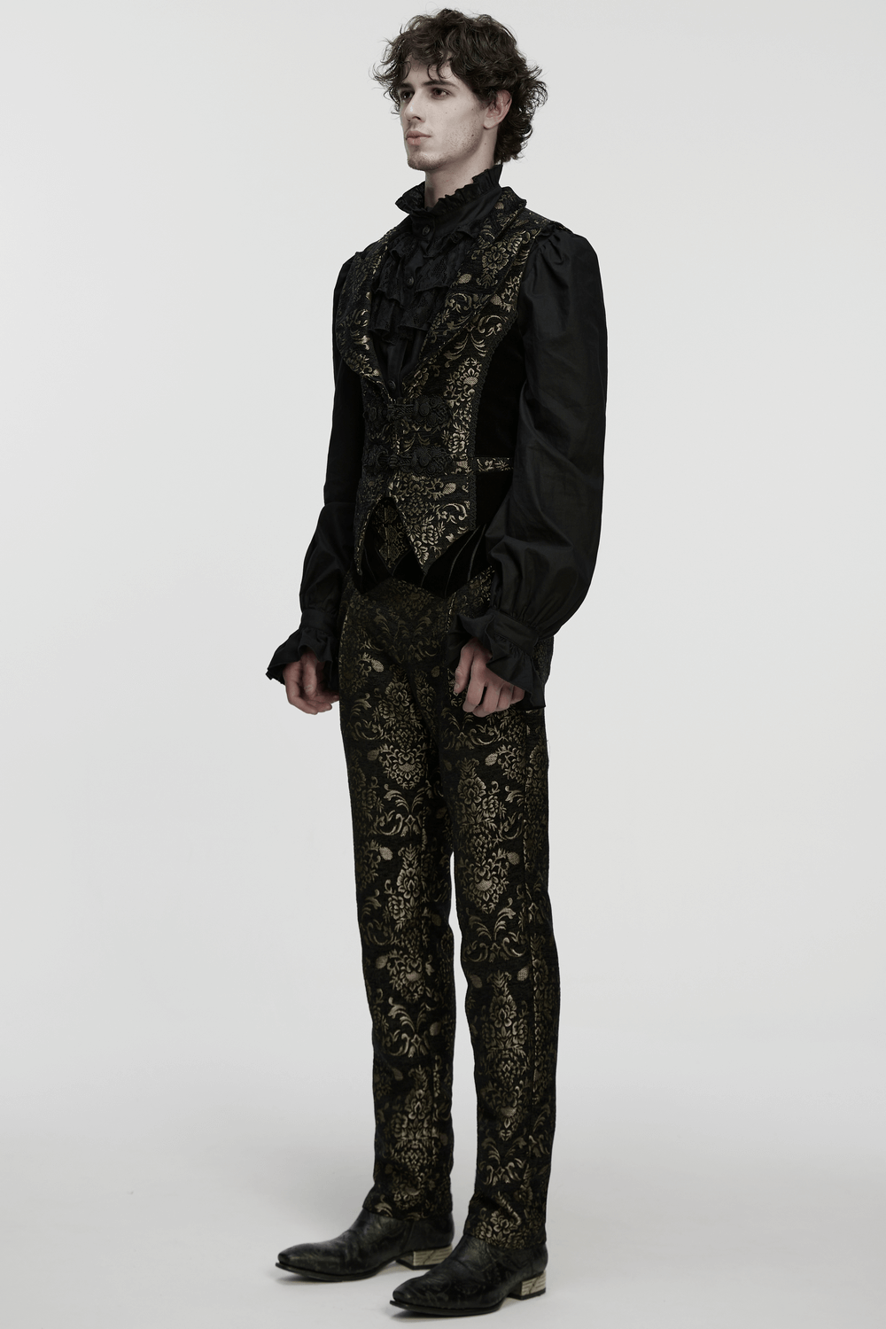 Jacquard Waistcoat with Vintage Buttons and Lace Details worn by a model in a gothic outfit, showcasing intricate patterns.