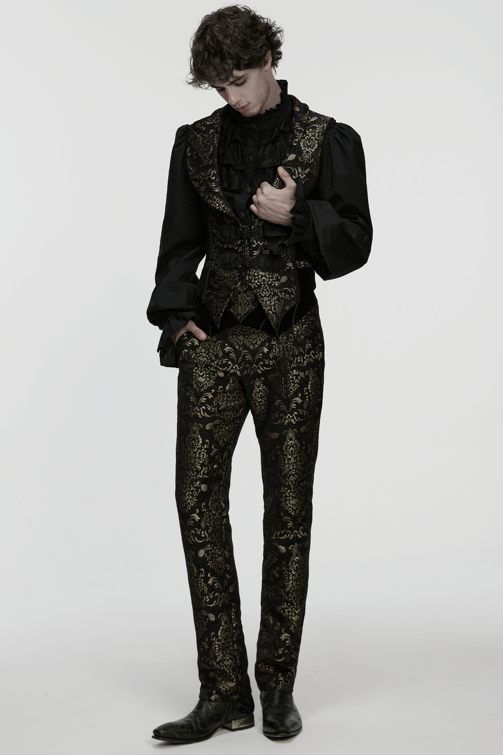 Jacquard Waistcoat with Vintage Buttons and Lace Details worn by a model, showcasing exquisite lace and intricate patterns.