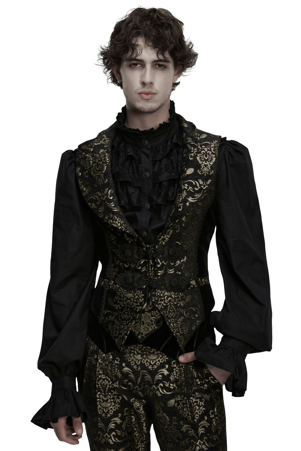 Jacquard Waistcoat with Vintage Buttons and Lace Details worn by a model, showcasing intricate palace pattern and elegant design.