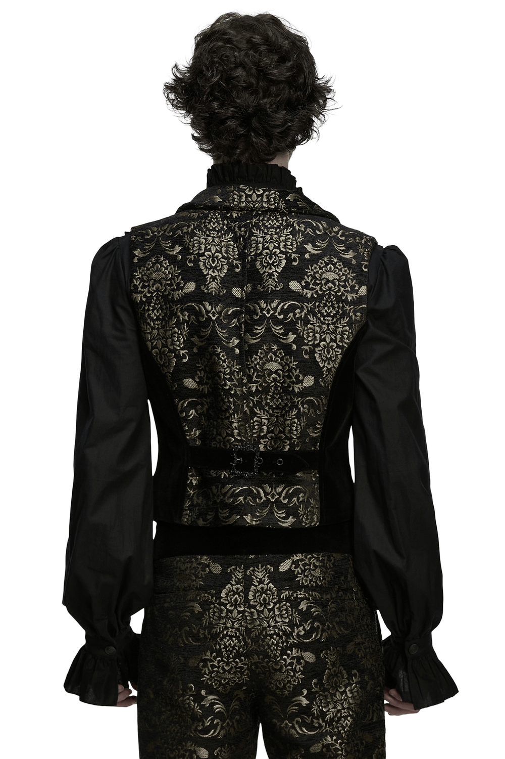 Back view of a Jacquard Waistcoat with Vintage Buttons and Lace Details showcasing its intricate design and elegant silhouette.