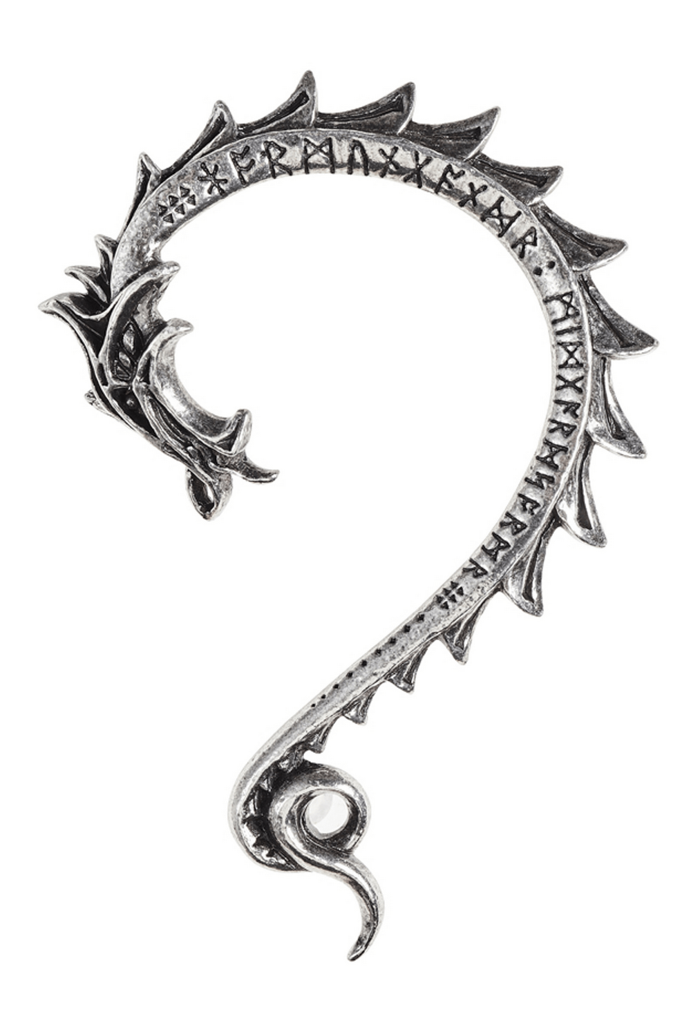 Rune-inspired silver dragon ear wrap for left ear, featuring intricate details and Norse design.