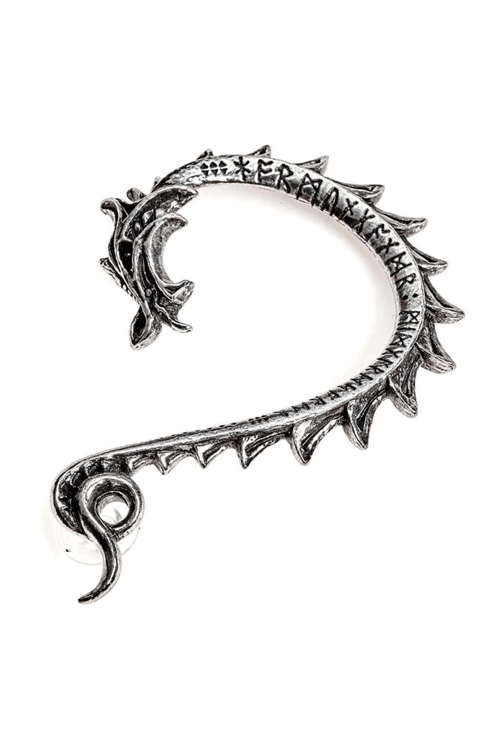 Viking dragon rune-inspired ear wrap designed for the left ear, featuring intricate details and surgical steel post.