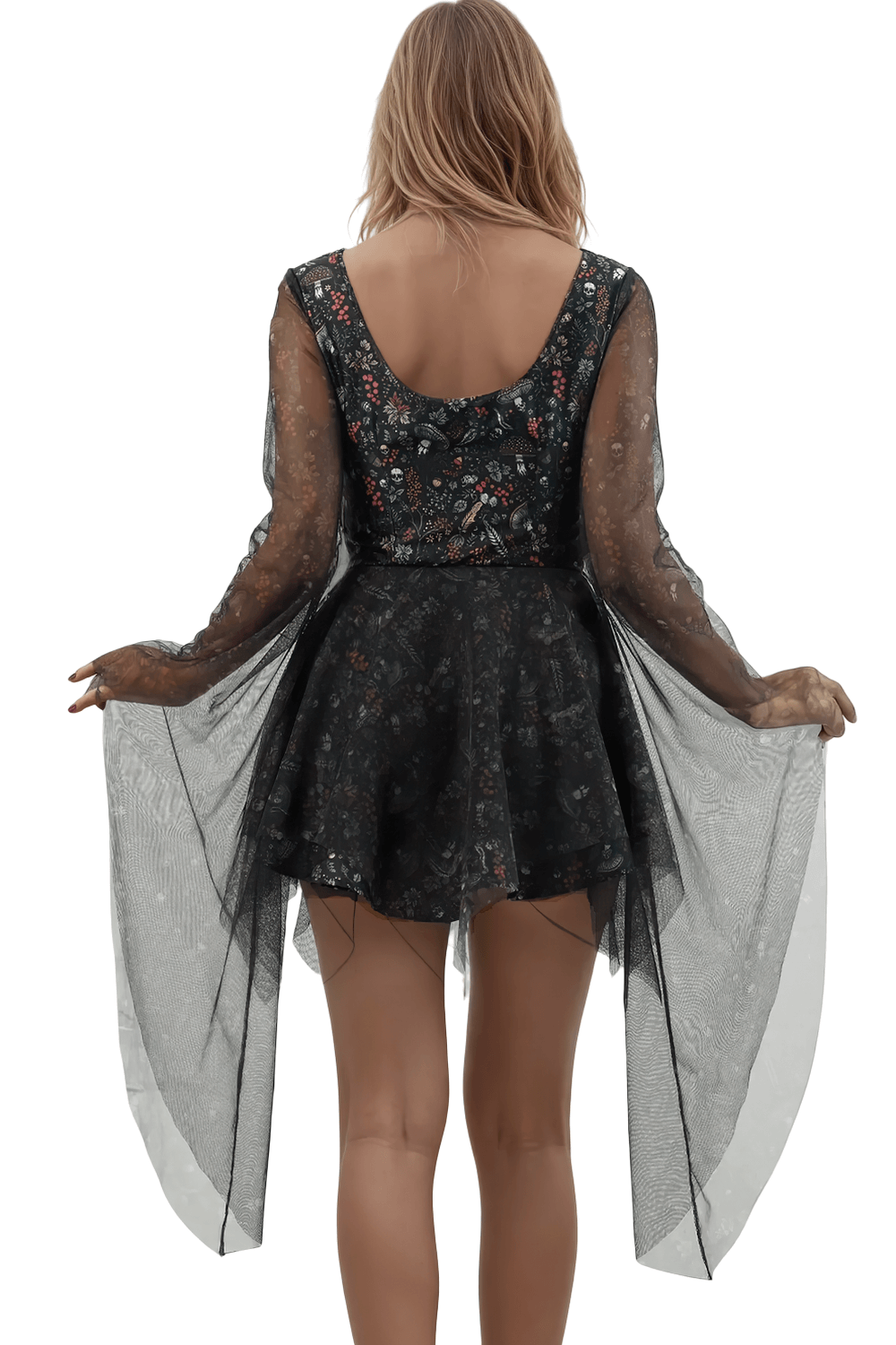 Josina Mushroom and Skull Print Taffeta Dress with net sleeves showing floral motifs and asymmetrical hem.