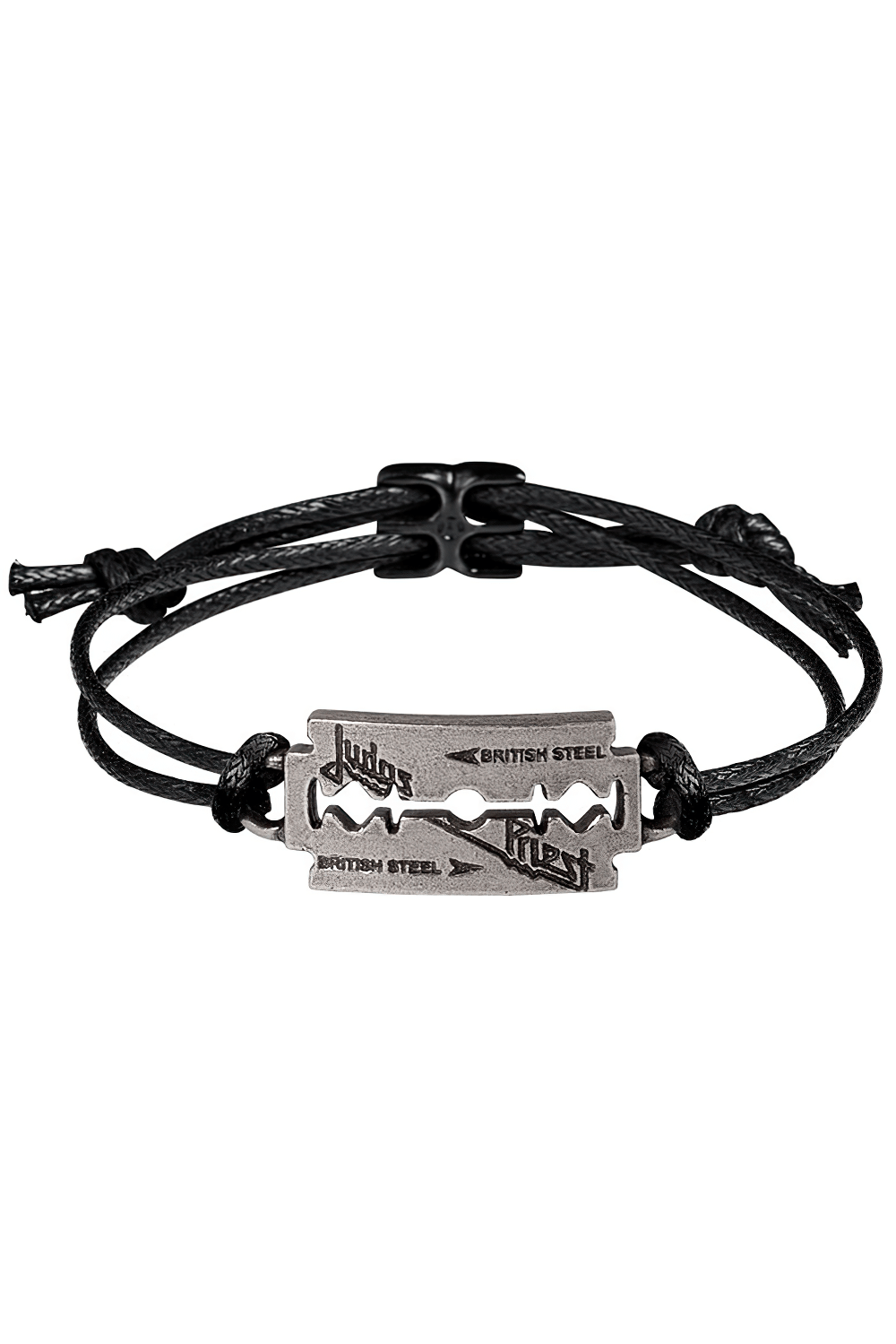Judas Priest British Steel Razorblade bracelet with adjustable black cord, perfect for heavy metal fans.