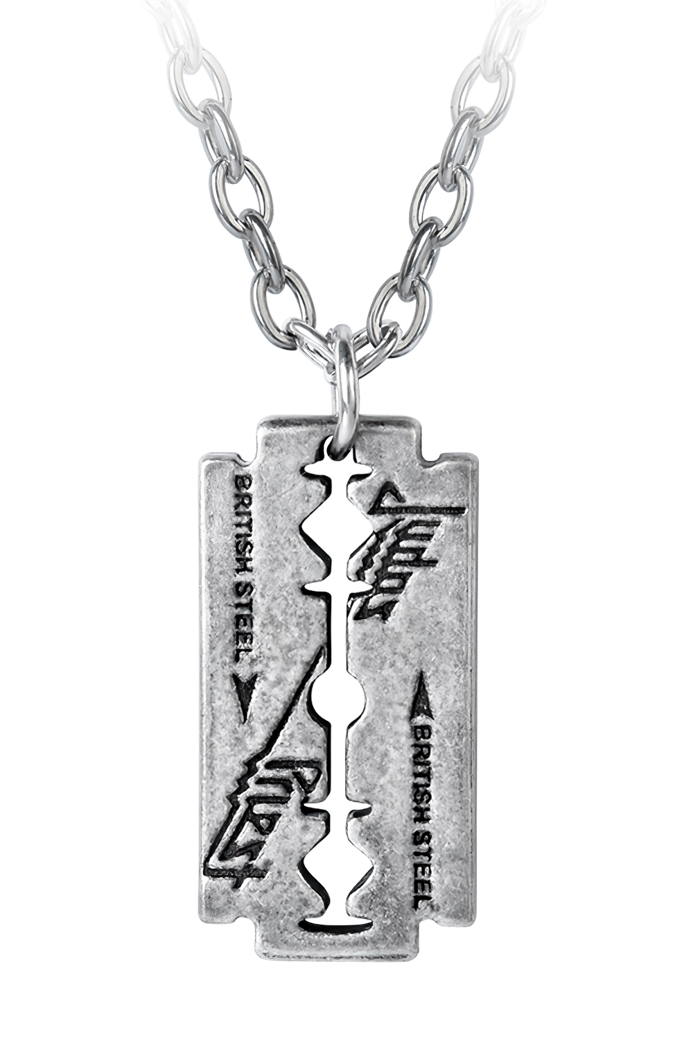 Judas Priest British Steel razorblade pendant in antiqued English pewter on a silver chain.