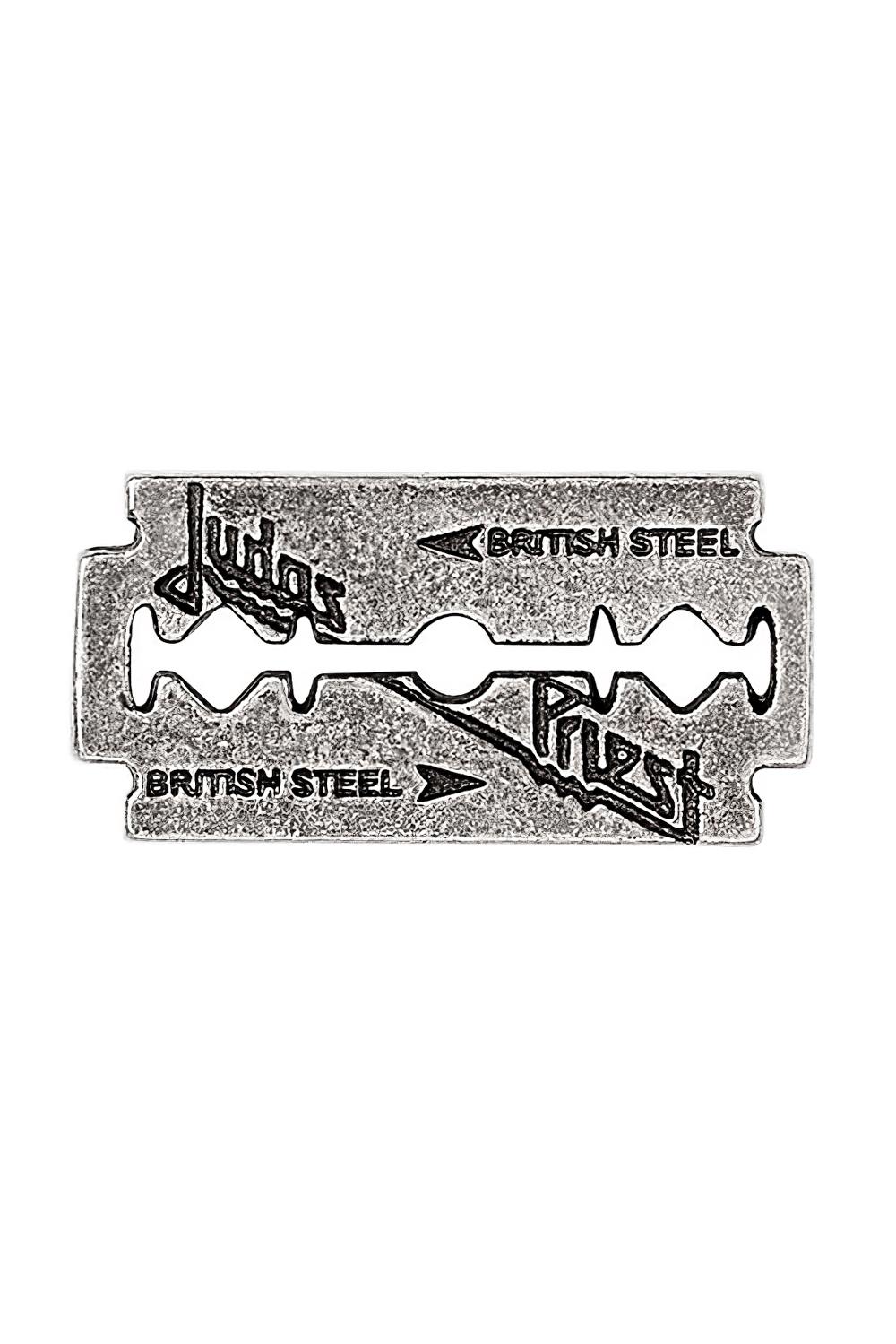 Judas Priest British Steel razorblade pewter pin badge, a rugged metal accessory for fans and collectors.