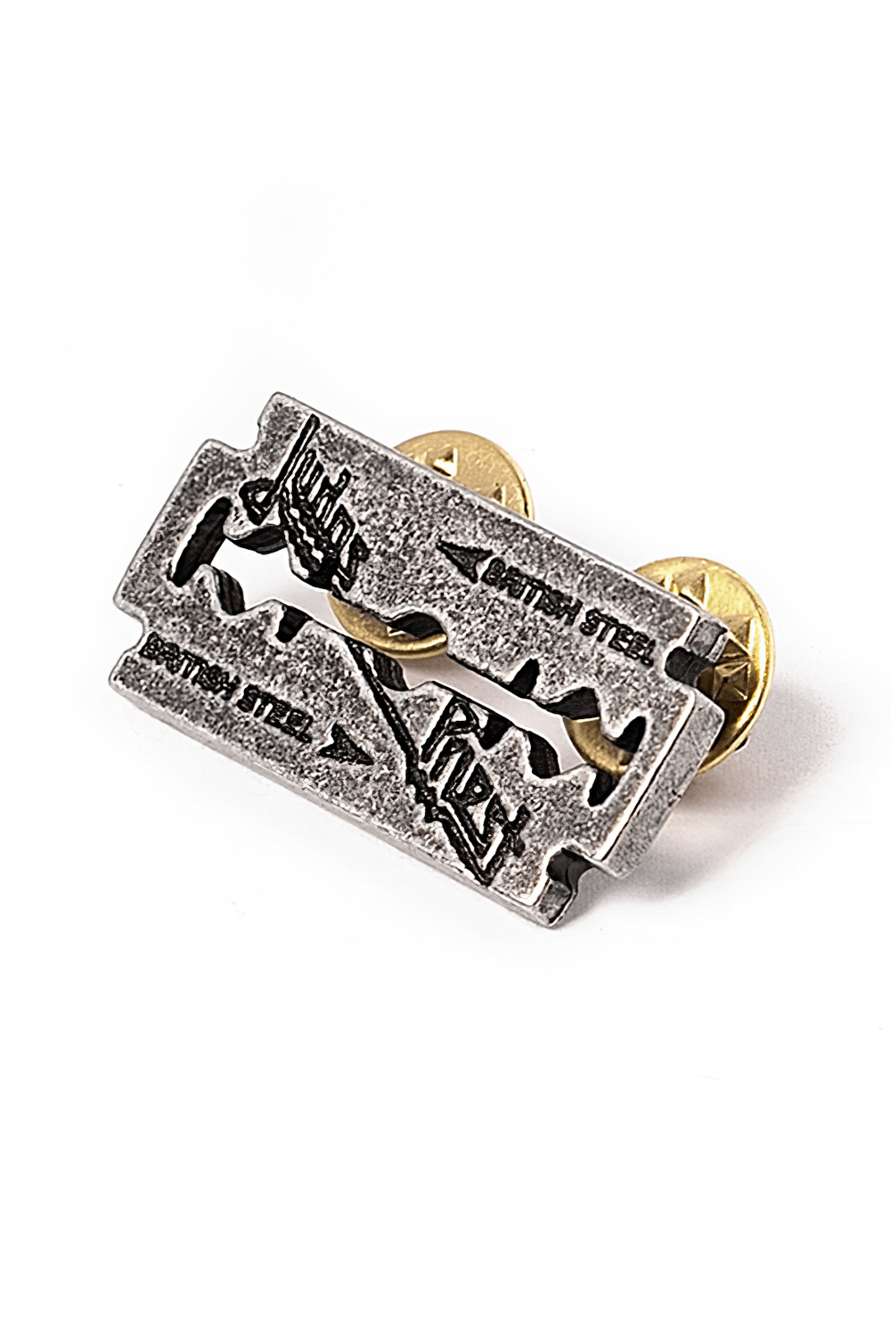 Judas Priest British Steel razorblade pewter pin badge, metal accessory for fans and collectors, handmade with rugged finish.