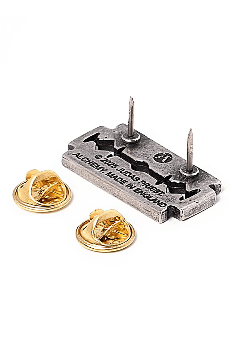 Judas Priest Razorblade pewter pin badge with gold clasps, inspired by British Steel album, perfect for metal fans.