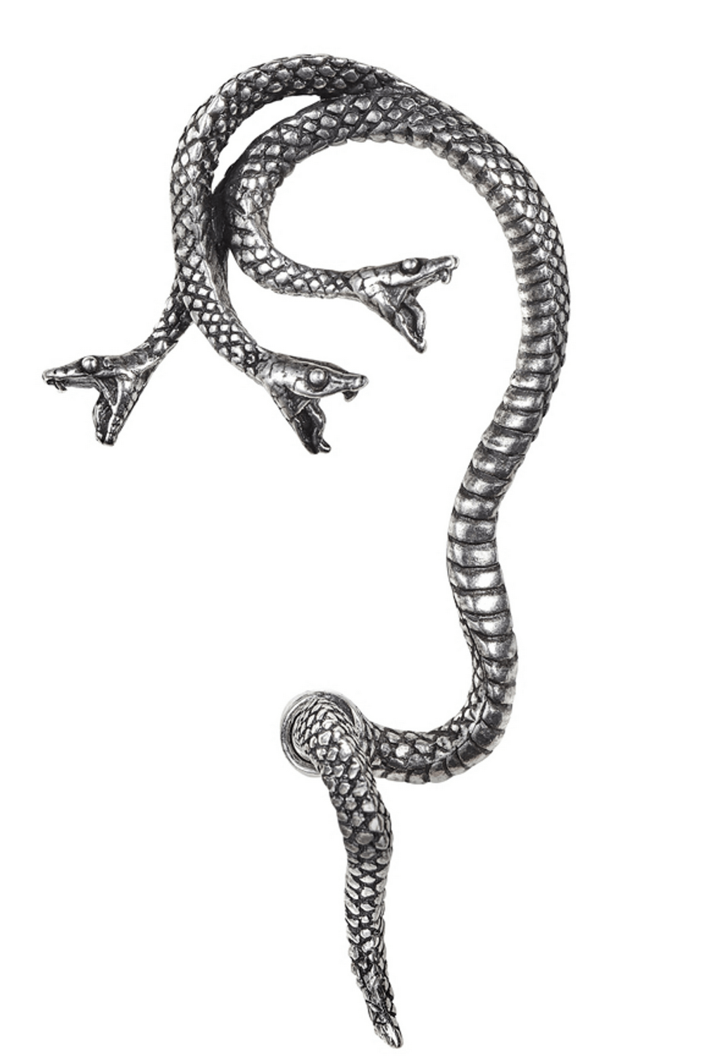 Khthonis Three-Headed Serpent Ear Wrap for left ear, featuring intricate design and surgical steel post.