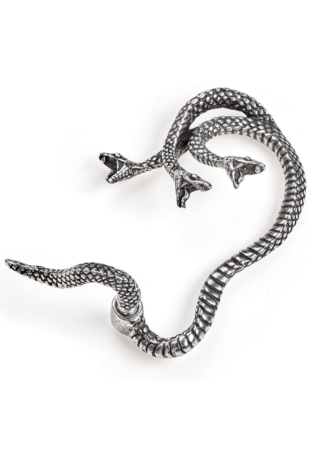 Khthonis three-headed serpent ear wrap in detailed silver design, perfect for bold, mythical fashion statements.