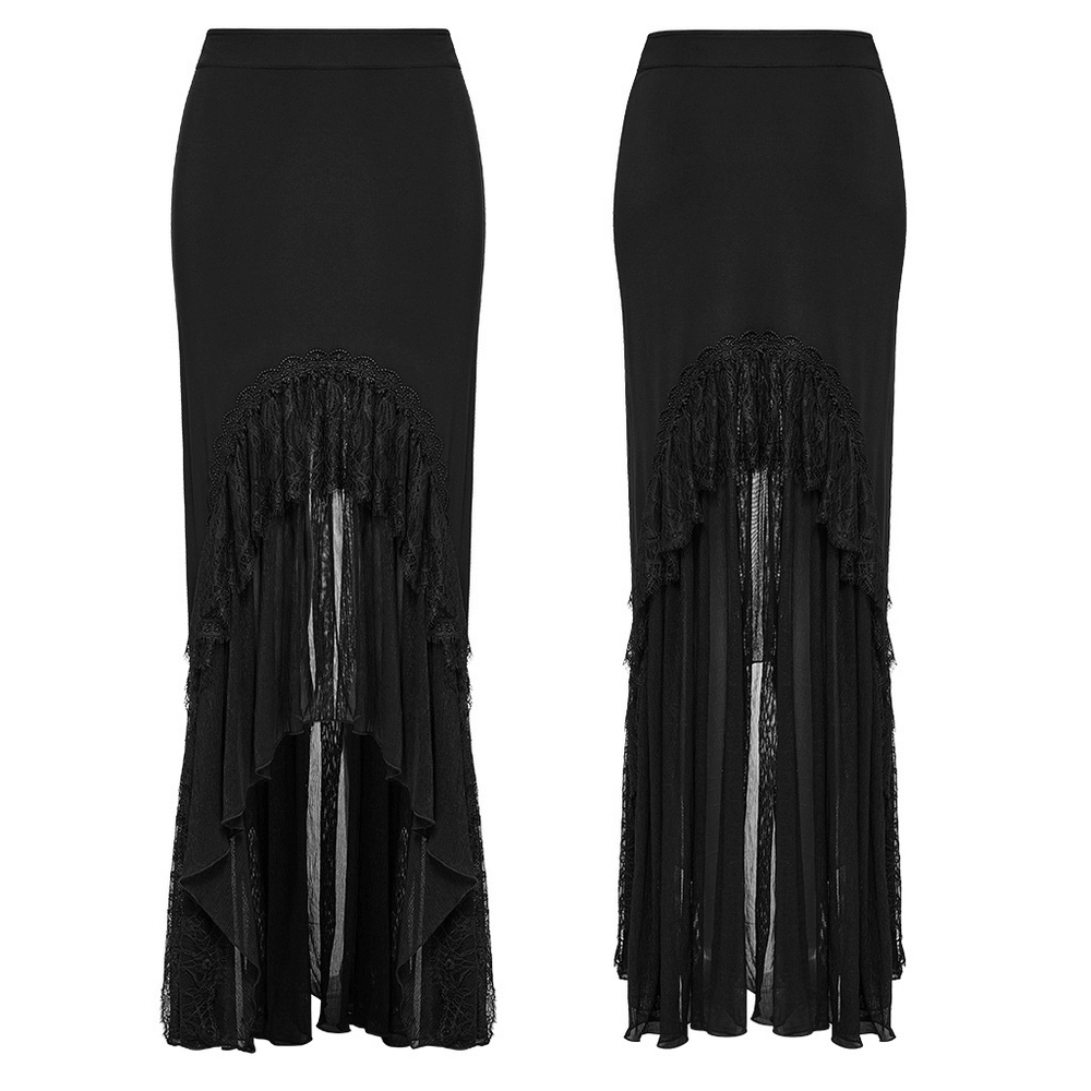Gothic black mermaid skirt with chiffon lace panels and asymmetric hem for a dramatic flair.
