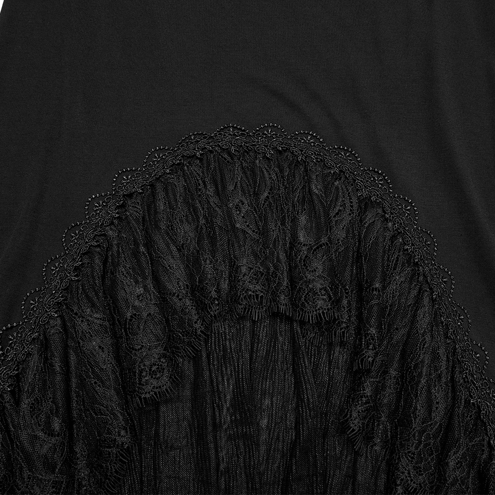 Close-up of black asymmetric goth skirt showcasing sheer lace panel detail and delicate arch hem.