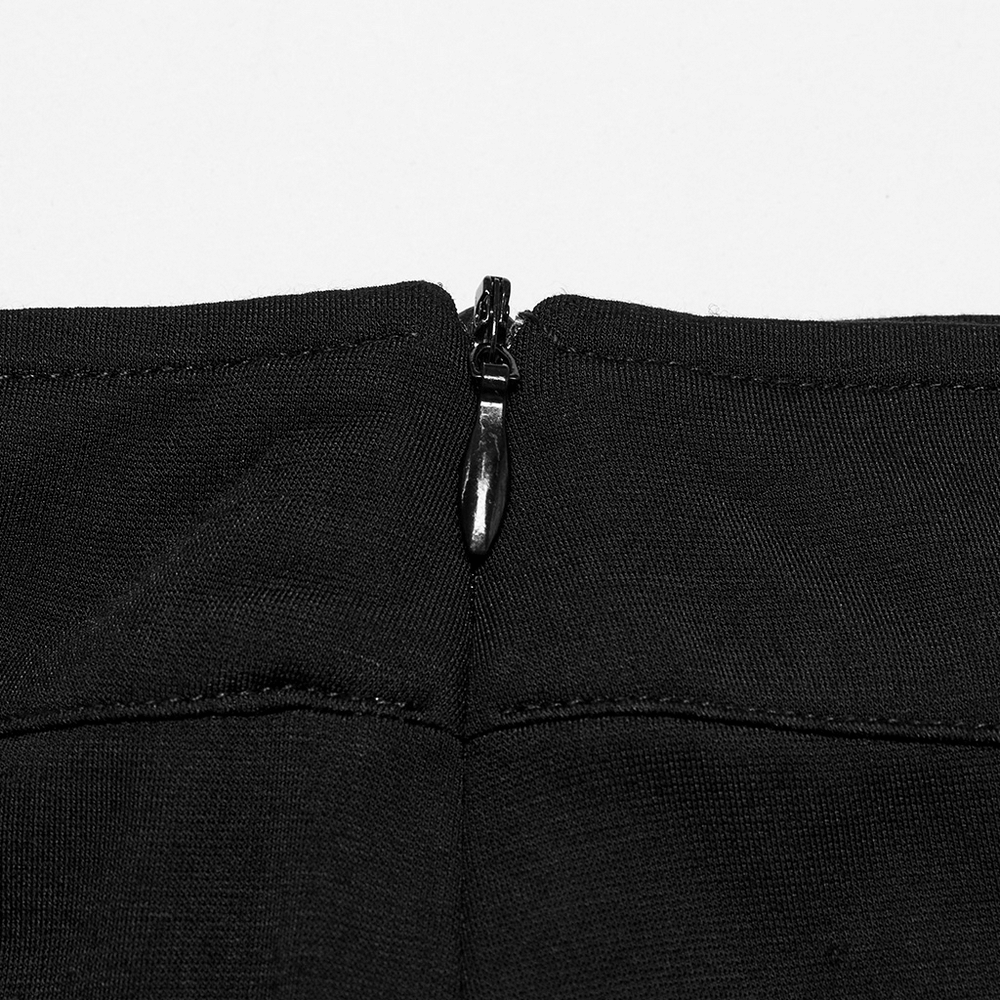 Close-up of hidden zipper detail on a black gothic skirt with chiffon lace.