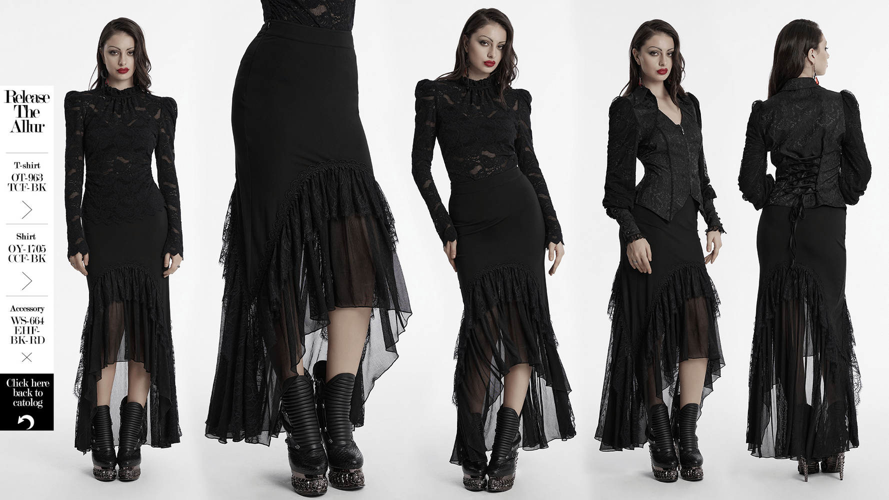 Gothic black mermaid skirt with chiffon lace, featuring an asymmetrical silhouette and elegant layered details.