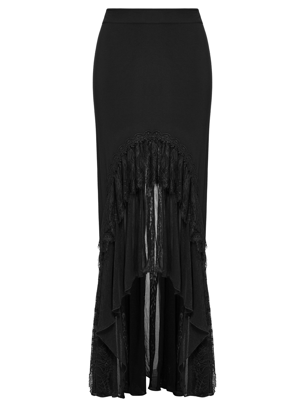 Knitted asymmetrical goth skirt with chiffon lace, featuring a flowing mermaid silhouette and sheer lace panel.