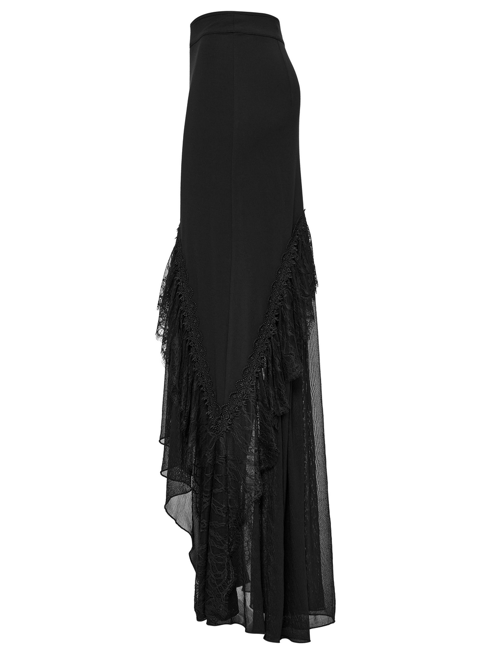 Side view of a gothic black asymmetrical mermaid skirt with chiffon lace and layered hem.