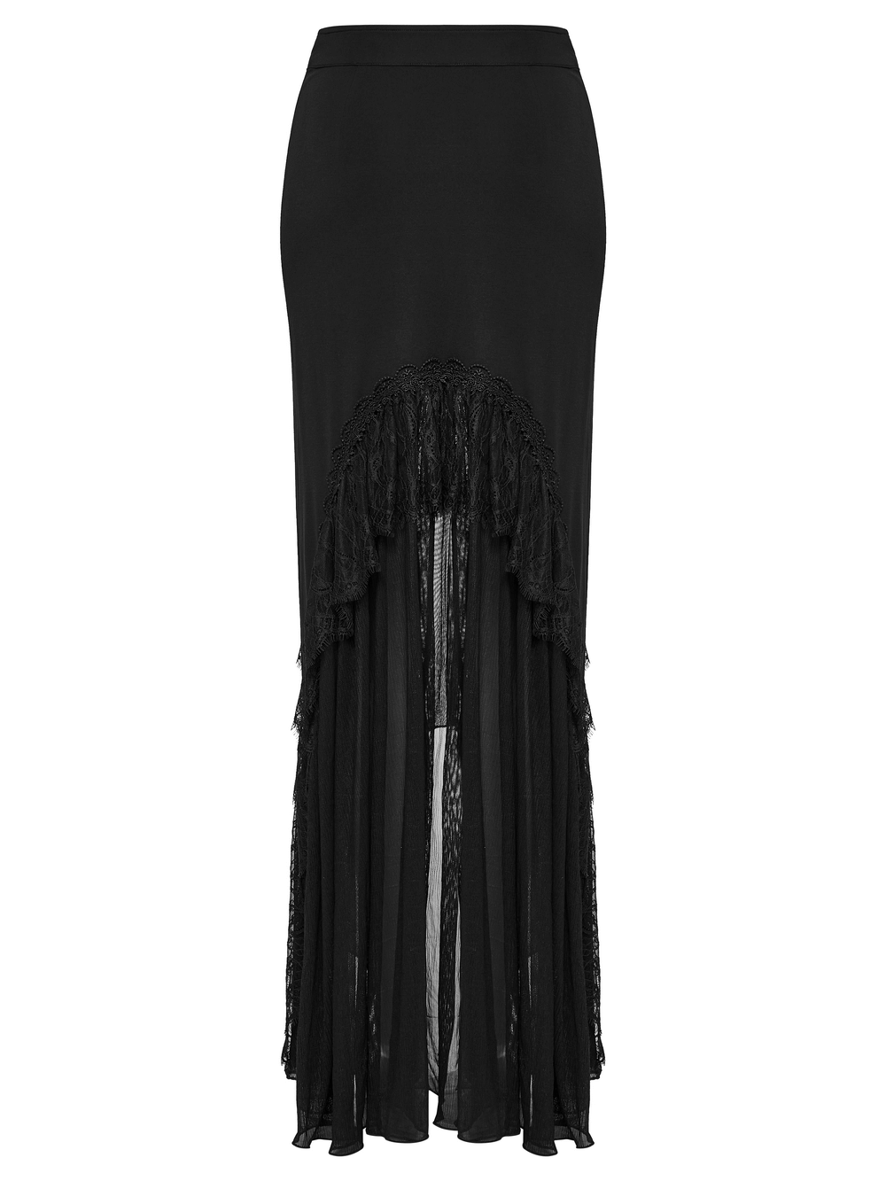 Black knitted asymmetrical goth skirt with chiffon lace panels, featuring a mermaid silhouette and layered effect.