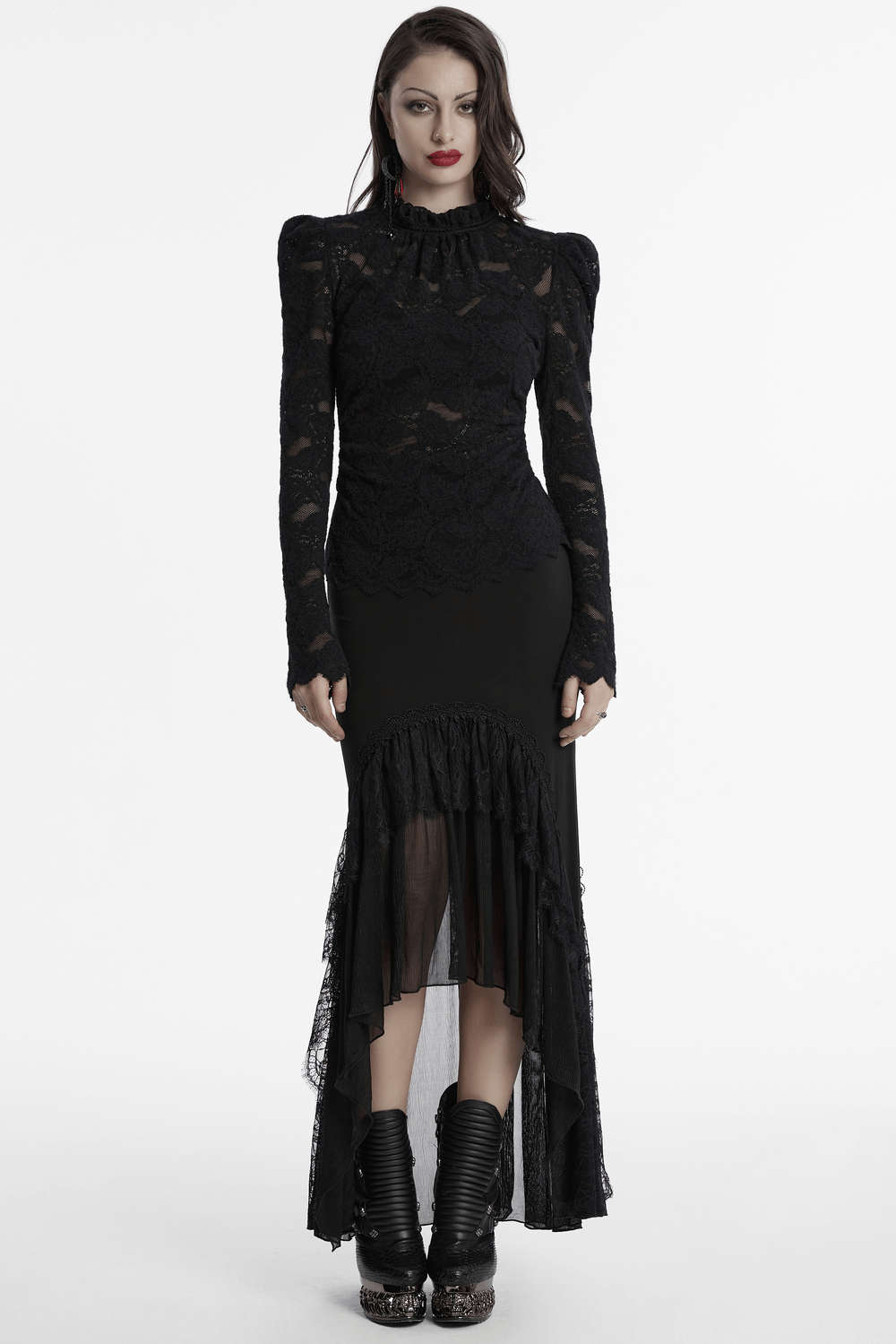 Gothic black mermaid skirt with chiffon lace and layered hem for elegant darkwear style.
