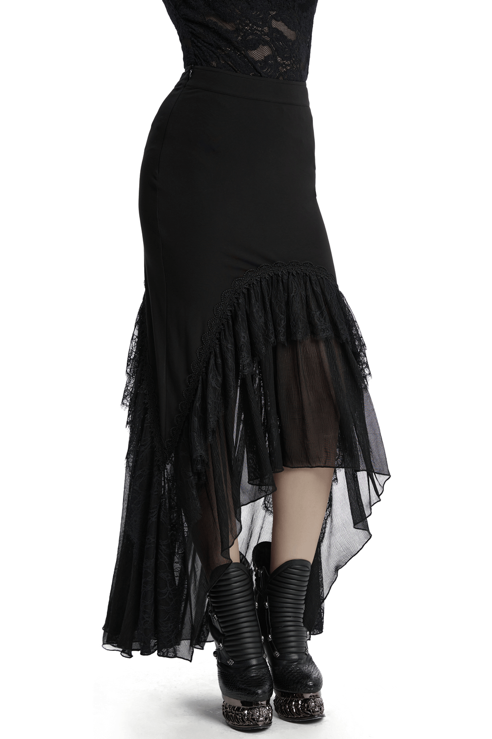 Black knitted asymmetrical goth skirt with chiffon lace detail and mermaid hem, featuring a hidden zipper for easy wear.
