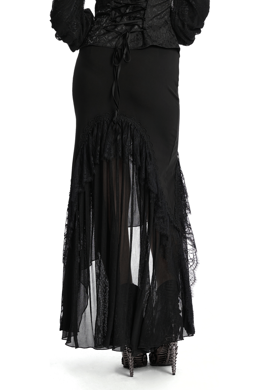 Back view of a gothic black mermaid skirt with chiffon lace and an asymmetrical hemline, perfect for darkwear lovers.