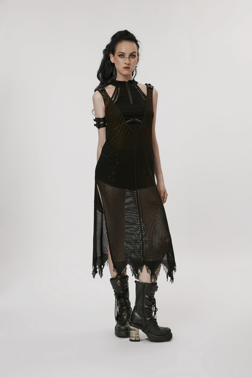 Post-apocalyptic techwear knitted hollow dress with edgy design, bold V-neck, and layered look.