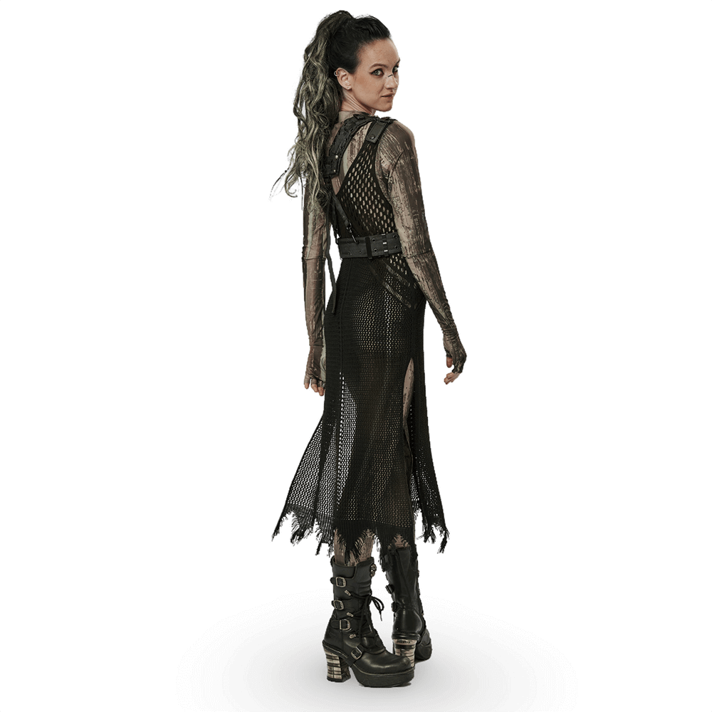 Model showcasing a knitted hollow techwear dress with edgy design and symmetrical slit hems.