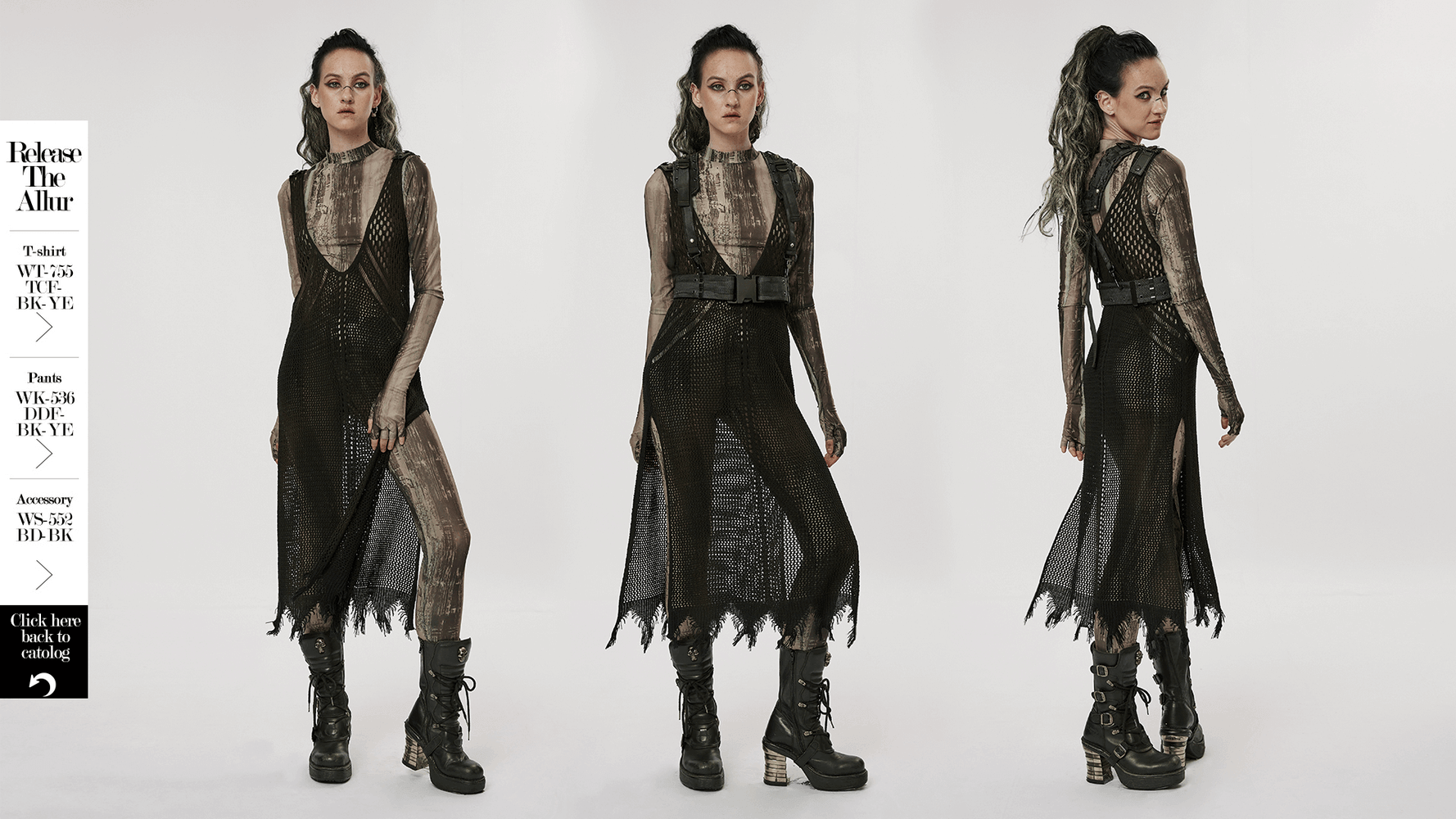 Post-apocalyptic knitted hollow techwear dress with edgy design and symmetrical slit hems.