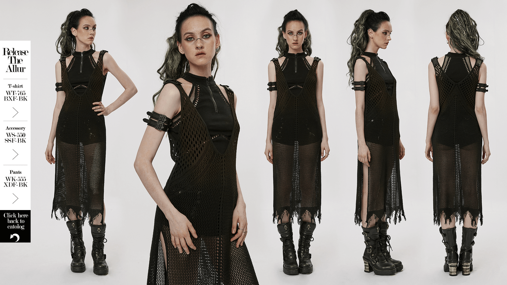 Post-apocalyptic techwear knitted dress with edgy design and symmetrical slit hems, worn by model.