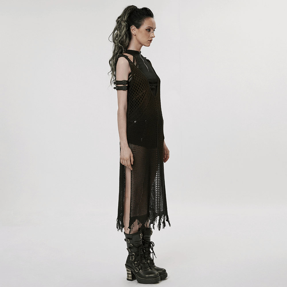 Side view of a model in a knitted hollow techwear dress, showcasing edgy post-apocalyptic style with bold design.