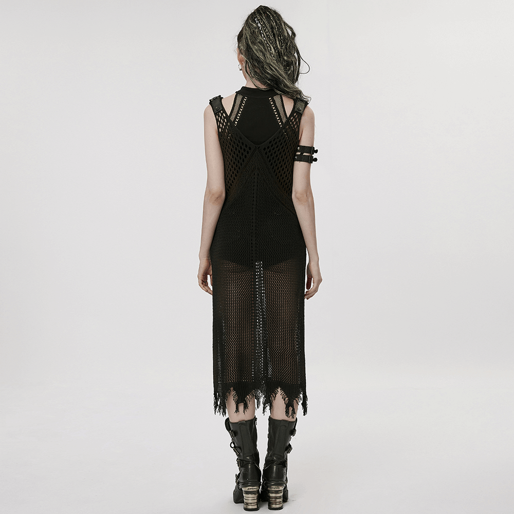 Back view of a knitted hollow techwear dress featuring a daring design, perfect for post-apocalyptic style.