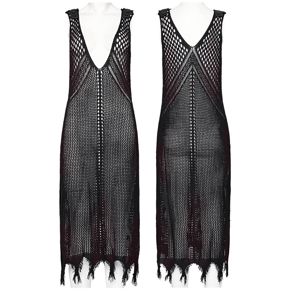 Post-apocalyptic knitted hollow techwear dress with V-neck and fringe hem, showcasing edgy fashion.