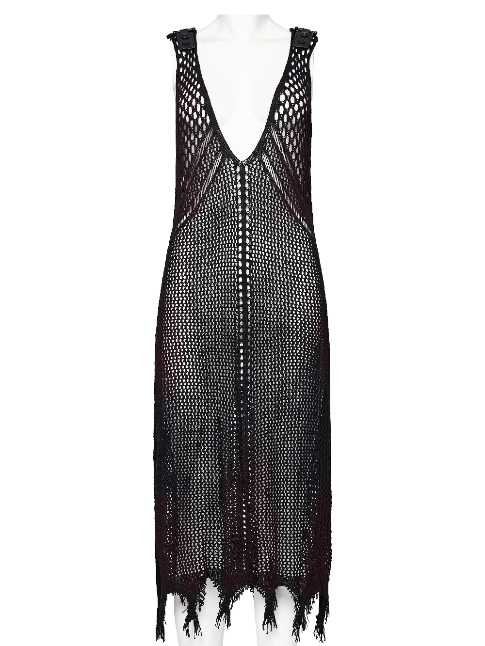 Post-apocalyptic techwear knitted dress with bold V-neck and fringe hem for edgy style.