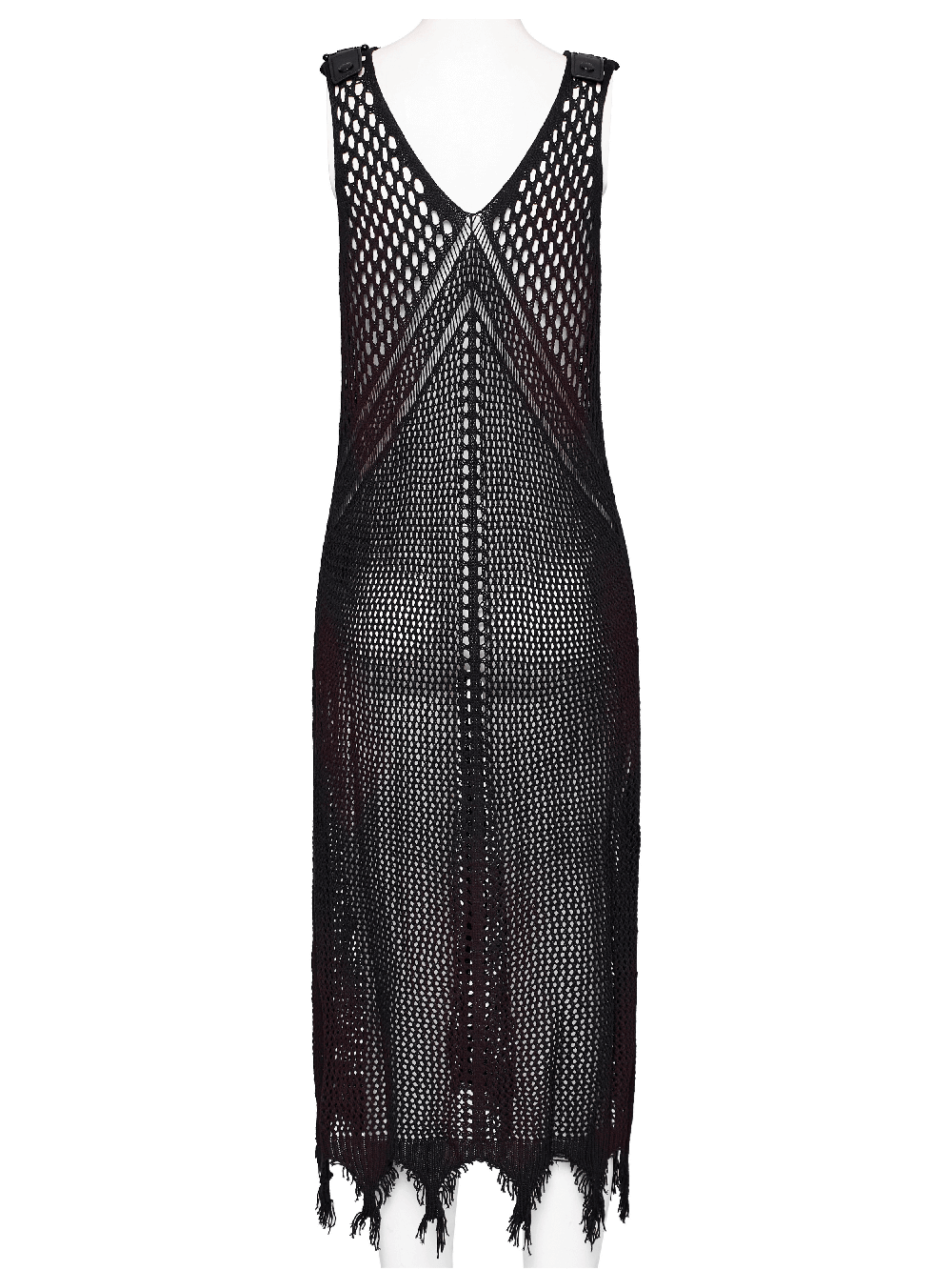 Back view of a knitted hollow techwear dress, featuring a bold V-neck and edgy fringe hem in a post-apocalyptic style.