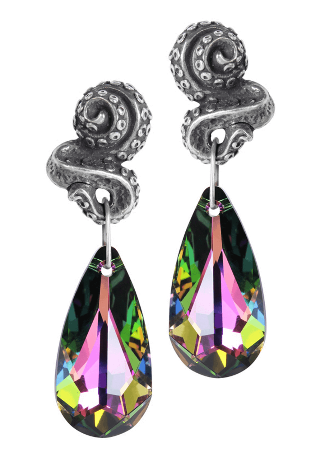 Kraken tentacle earrings with colorful rainbow crystal drop, pewter squid-inspired studs.